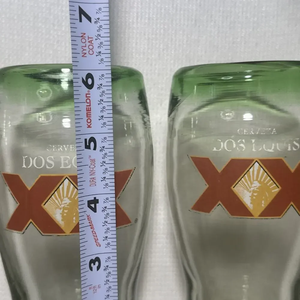 Dos Equis XX Hand Blown Beer Glasses Heavyweight Thick Bubbles Green Rim Set 4